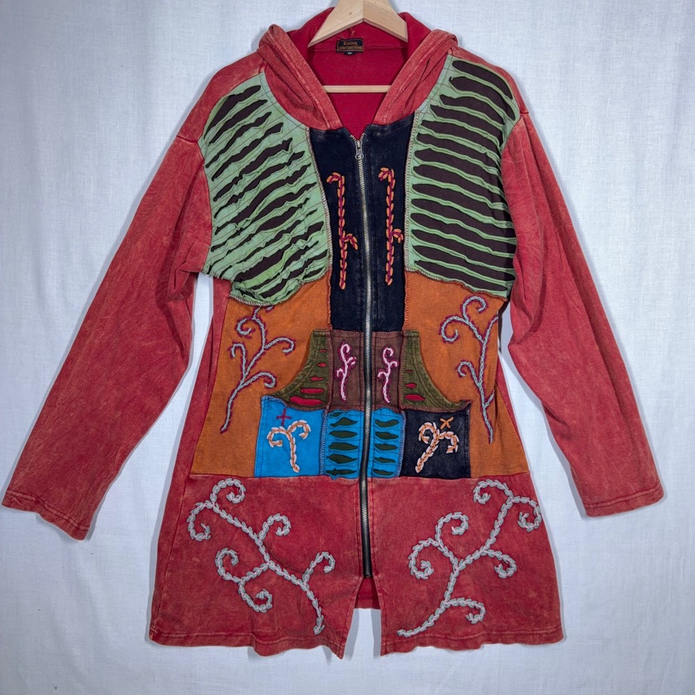 VTG Patchwork Hoodie Womens XL Zip Up Tunic Acid Wash Razor Cut Boho Embroidery